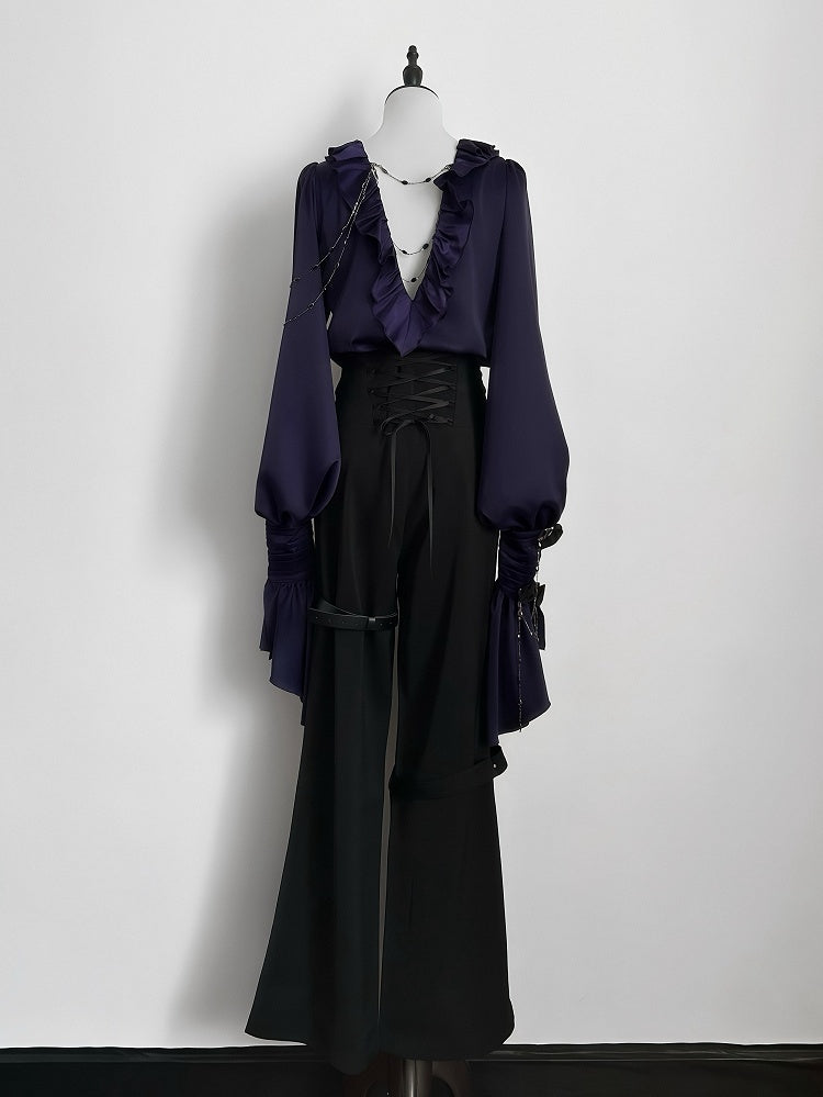 Lilac Lace-Up Ruffle Shirt with Black Flower Chains - Shi Zhi Mao - image 5