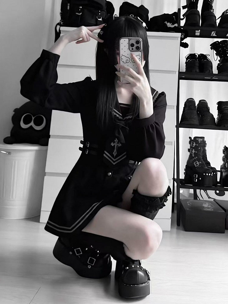 Black Sailor-Collar Jirai Kei Dress, Shorts and Tie Set - image 10