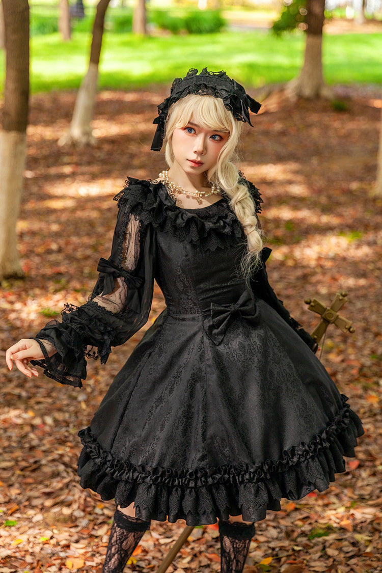 Floral Canon - Round Collar Sleeveless Jacquard Printed Ruffled Bow Gothic Lolita JSK Dress - image 1