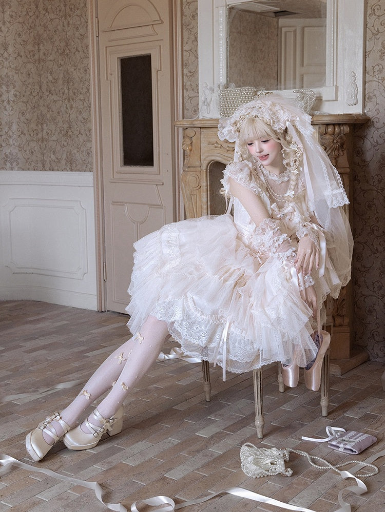 Champagne Illusion Neckline Princess Lolita JSK Dress Full Set - image 14