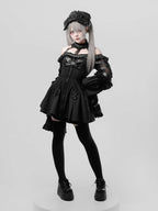Black Halter Flare Long-Sleeve Dress with Leather Straps and Shorts Set - image 2