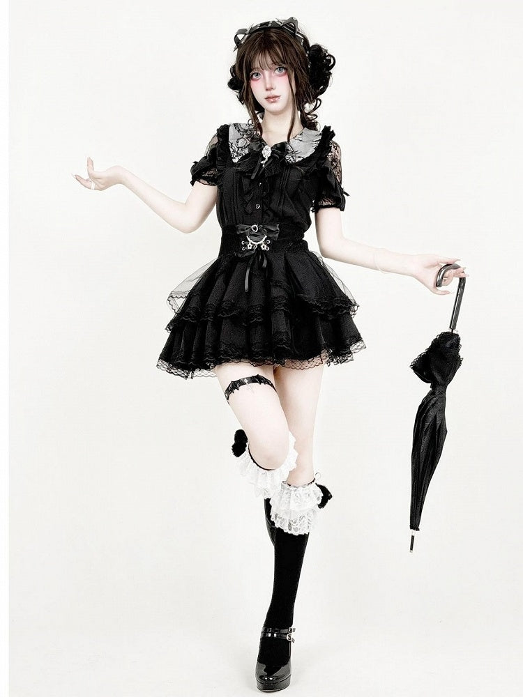 Midnight Lace-Shoulder Ruffle Blouse with Cutout Accents - AMAHAKAWA - image 4