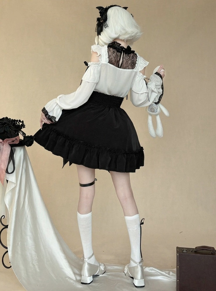 Gothic Monochrome Cutout Shoulder Top with Lace and Bow Embellishments - AMAHAKAWA - image 2