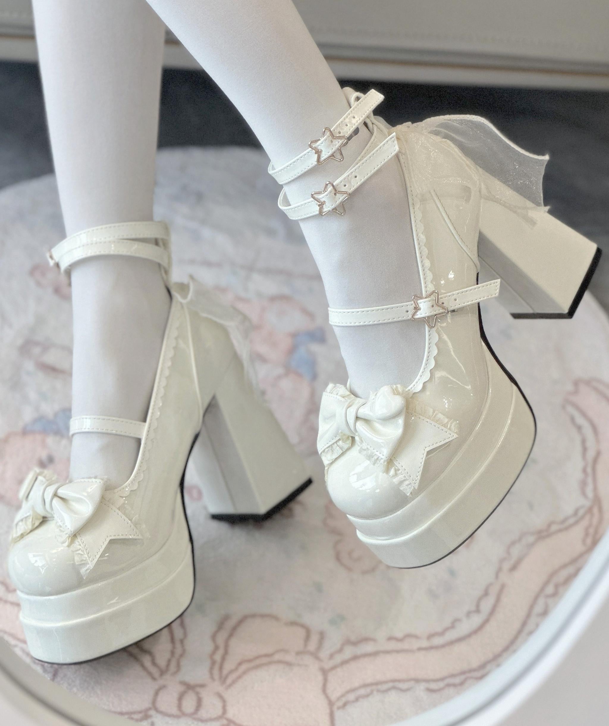 Puff Party - Elegant Lolita Chunky Heel Shoes with Bows and Straps - image 1