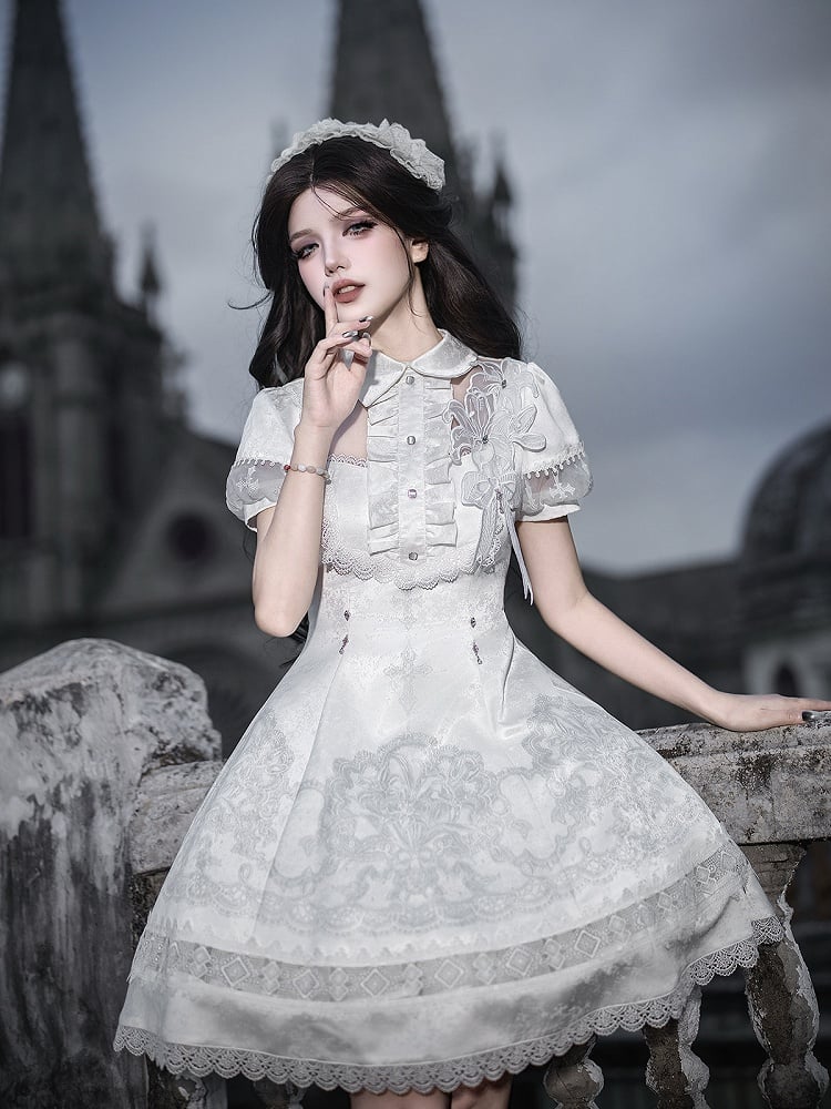 White Lily Embroidery Lace Gothic Lolita Dress - image 4