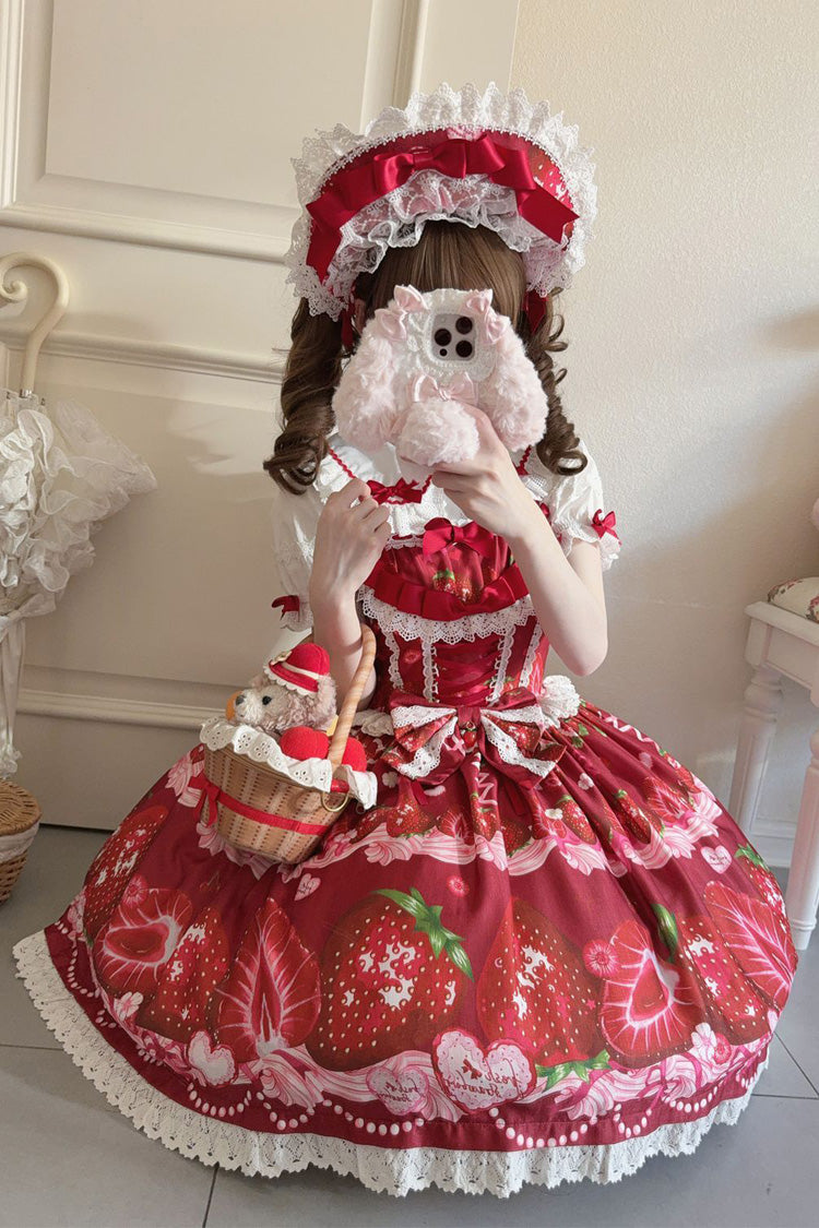 Sweet Berry Tale Strawberry Print Ruffle Bowknot Lace Sweet Lolita JSK Dress - image 20