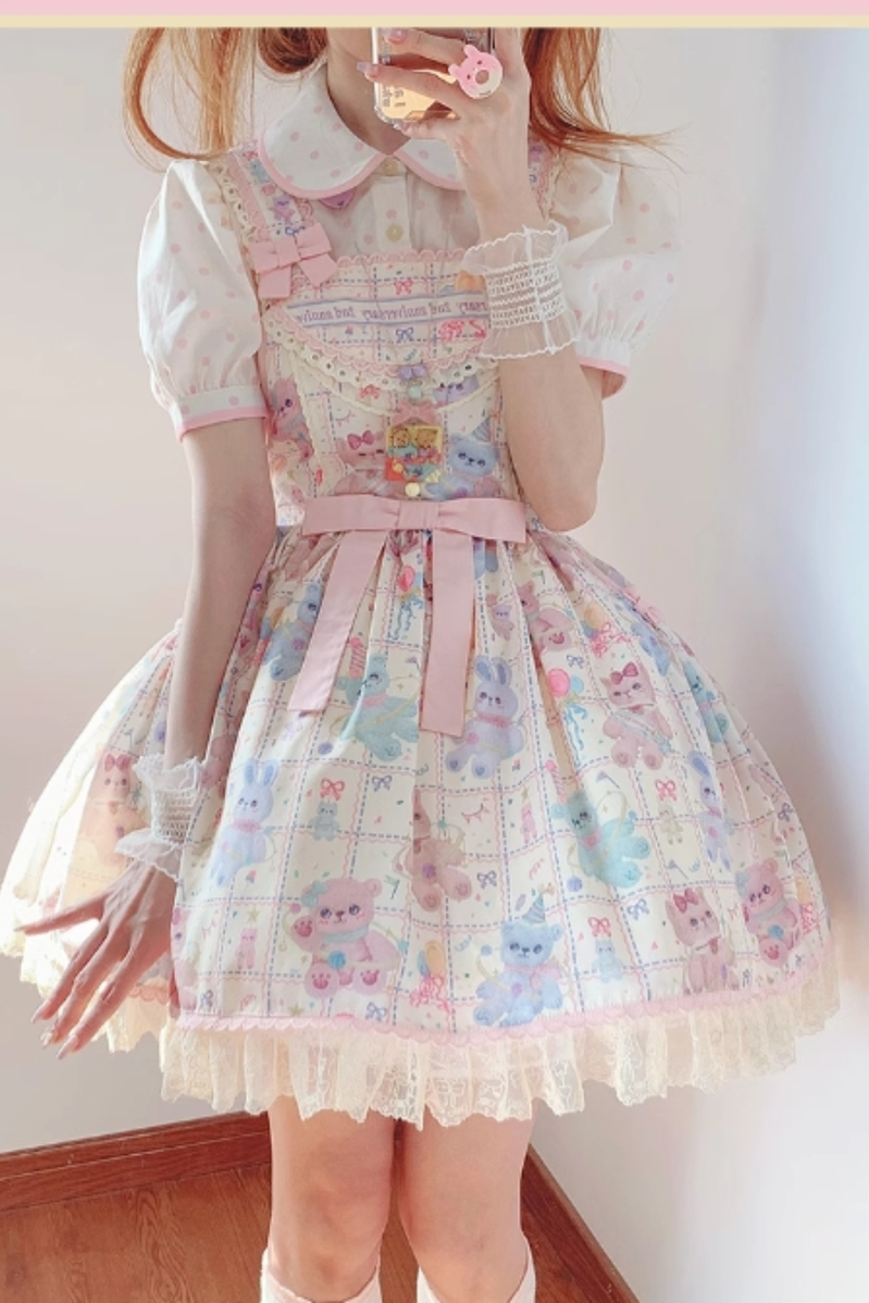 Starry Pudding Bear - Sweet Lolita JSK and Printed OP Dress - image 5