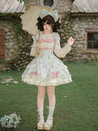 Green Floral Striped Lolita OP Set with Hair Clip and Choker - image 6