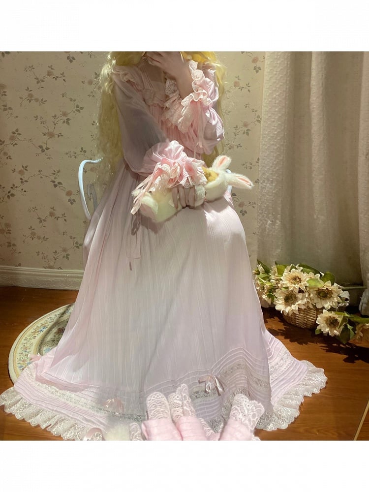 Pink Lace-Trim Long-Sleeve Lolita OP Dress with Ruffles - image 4