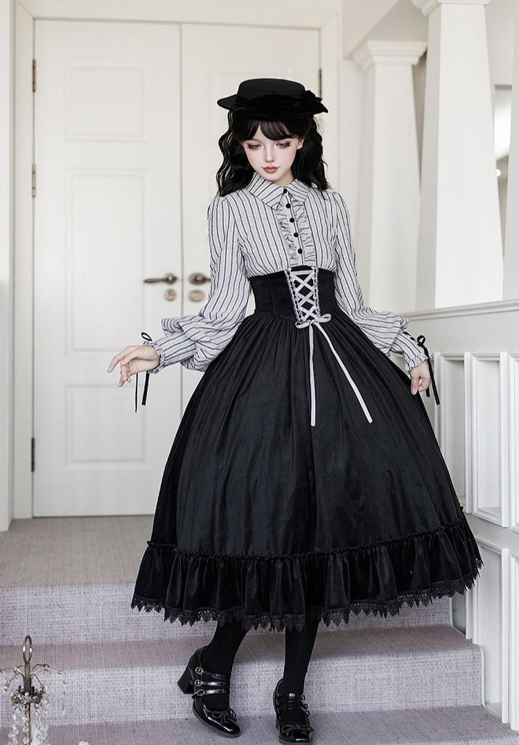 Dusk Moment - Classic Lolita Striped OP & Mermaid Dress Set, Fishbone Waist - image 7