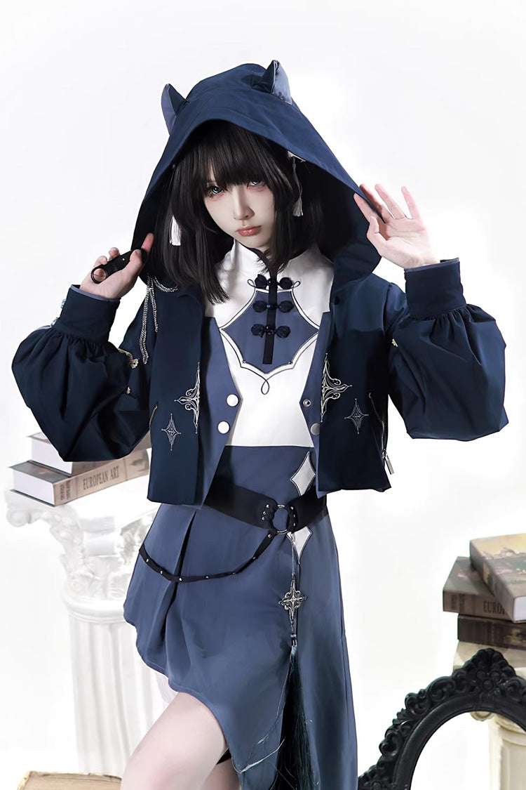 Indigo Shadow Journey - Stand Collar Long Sleeves Embroidered Hooded Asymmetric Punk Ouji Lolita Dress Four-Piece Set - image 3