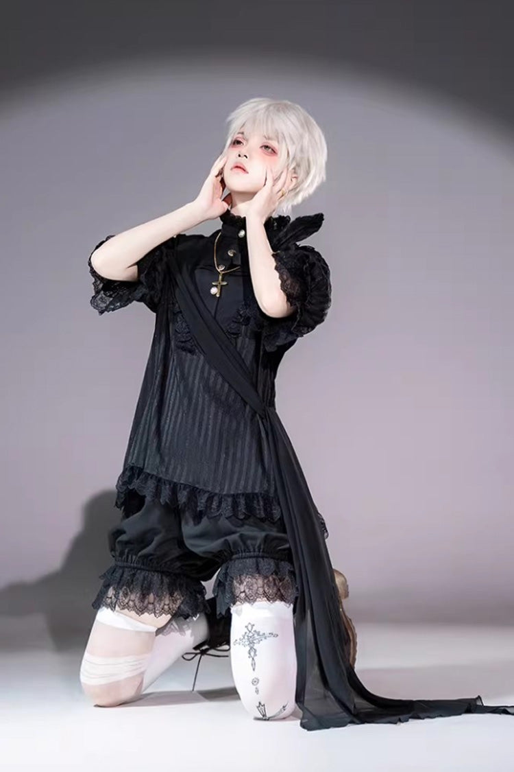 Black Gothic Ouji Lolita Top, Shorts and Scarf Set in 2 Sleeve Versions - image 6