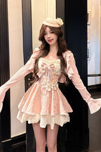 Honeyed Blossoms - Square Collar Long Sleeves Double-Layered Printed Ruffled Bow Sweet Lolita Dress and Cardigan Set - image 4