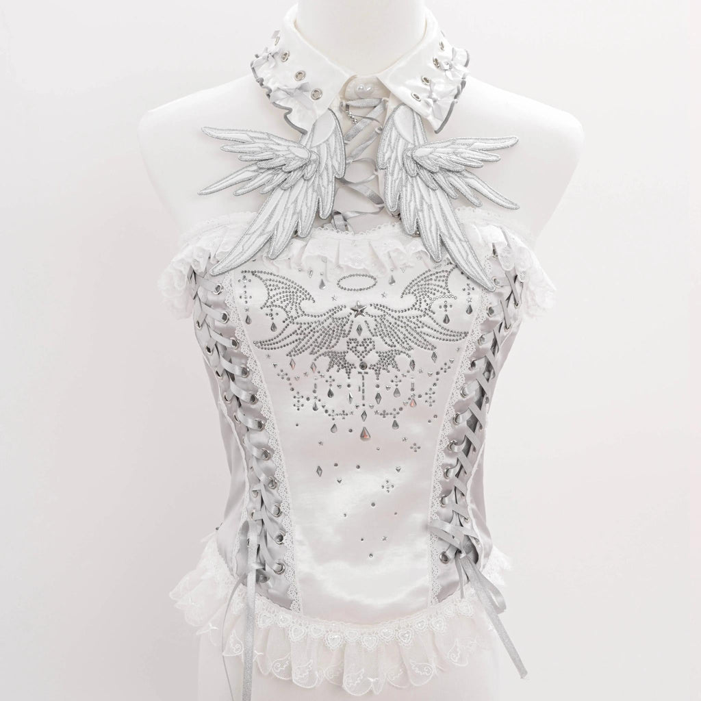 Metallic Angel - Silver-white Punk Lolita JSK, Wing and Rhinestone Details - image 43