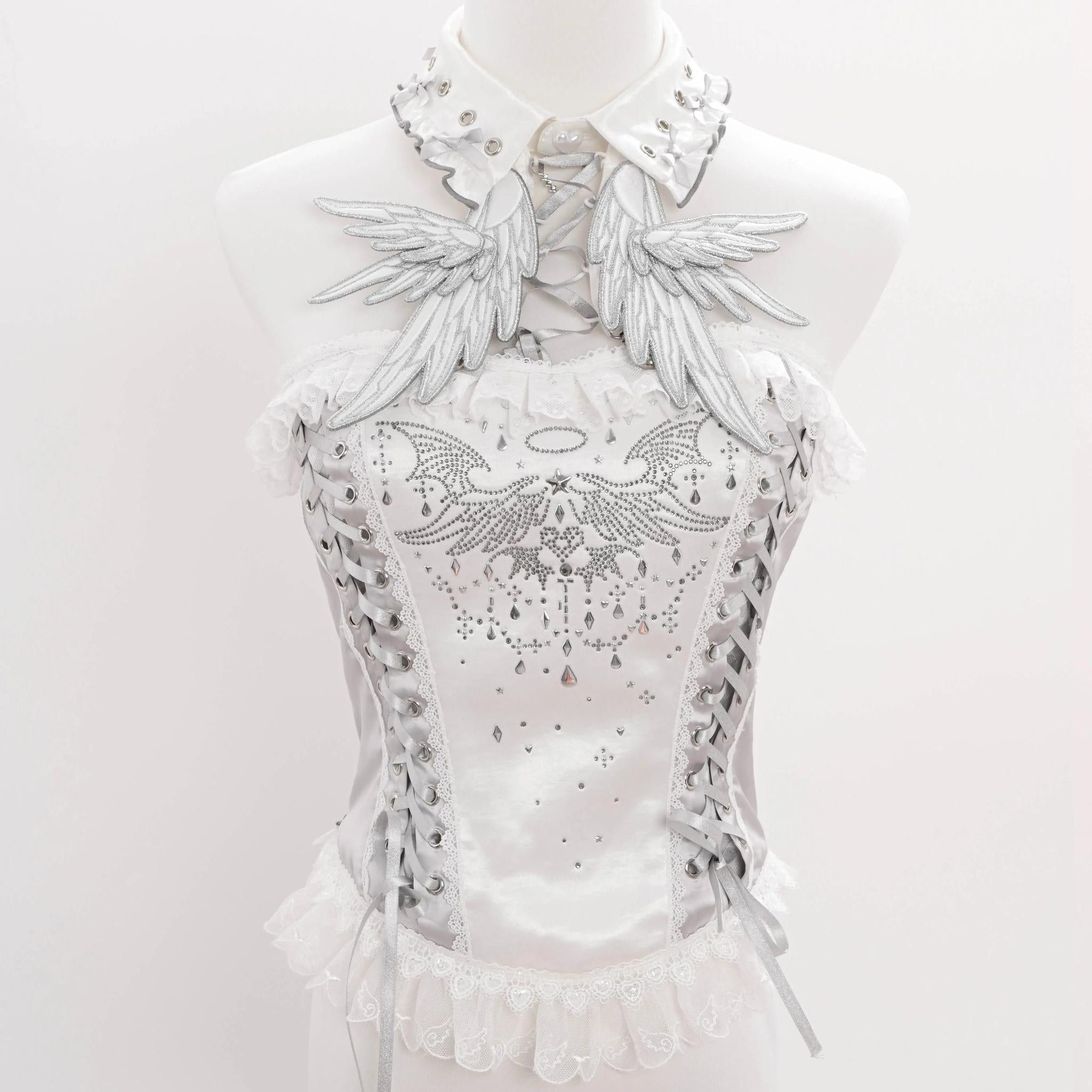 Metallic Angel - Silver-white Punk Lolita JSK, Wing and Rhinestone Details - image 43