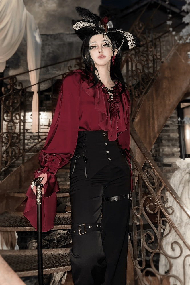 Regal V-Neck Shirt and Corset Pants Set - Shi Zhi Mao - image 7