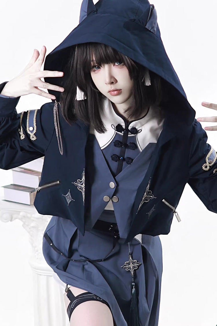 Indigo Shadow Journey - Stand Collar Long Sleeves Embroidered Hooded Asymmetric Punk Ouji Lolita Dress Four-Piece Set - image 13
