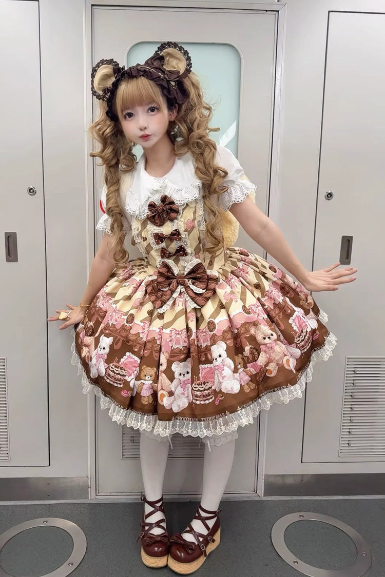 Chocolate Brownie - Sleeveless Printed Ruffled Bow Lace Sweet Lolita Strap Dress 2 Colors - image 7
