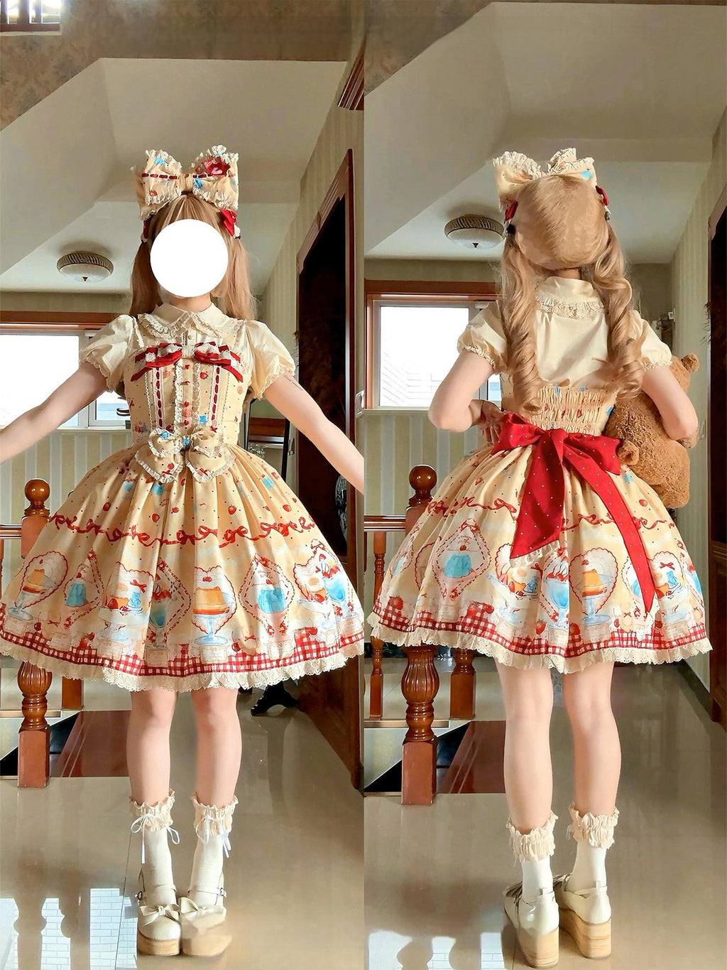 Showa Dessert Showcase - Kawaii Lolita JSK/Salopette Dress Suit, Pudding-Inspired - image 16