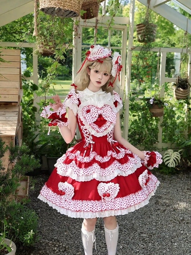 Crimson Cherry Polka-Dot Lace JSK with White Trim - Rosede Cheese - image 3