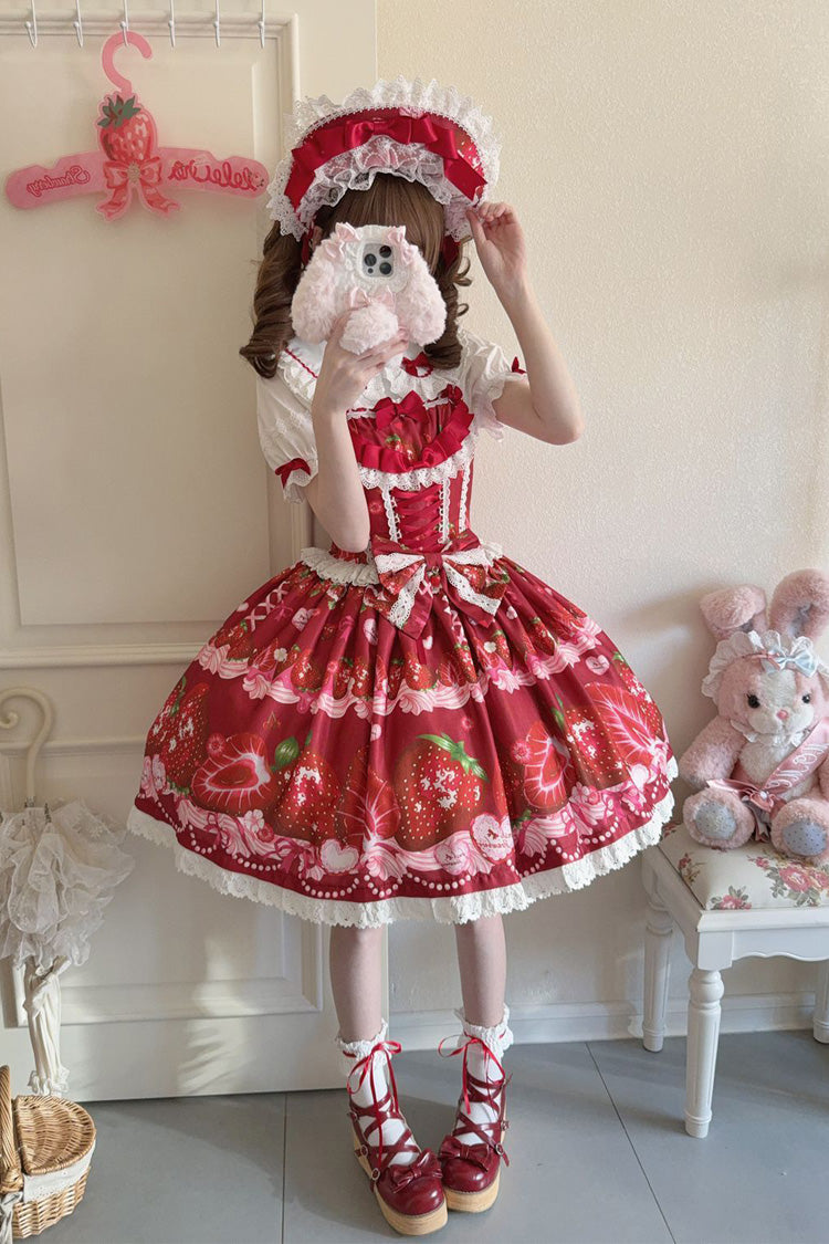 Sweet Berry Tale Strawberry Print Ruffle Bowknot Lace Sweet Lolita JSK Dress - image 17