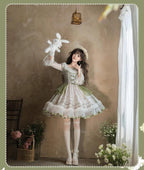 Teacup Bunny - Classic Lolita OP Dress, Fresh Green Floral Print and Accessories - image 5