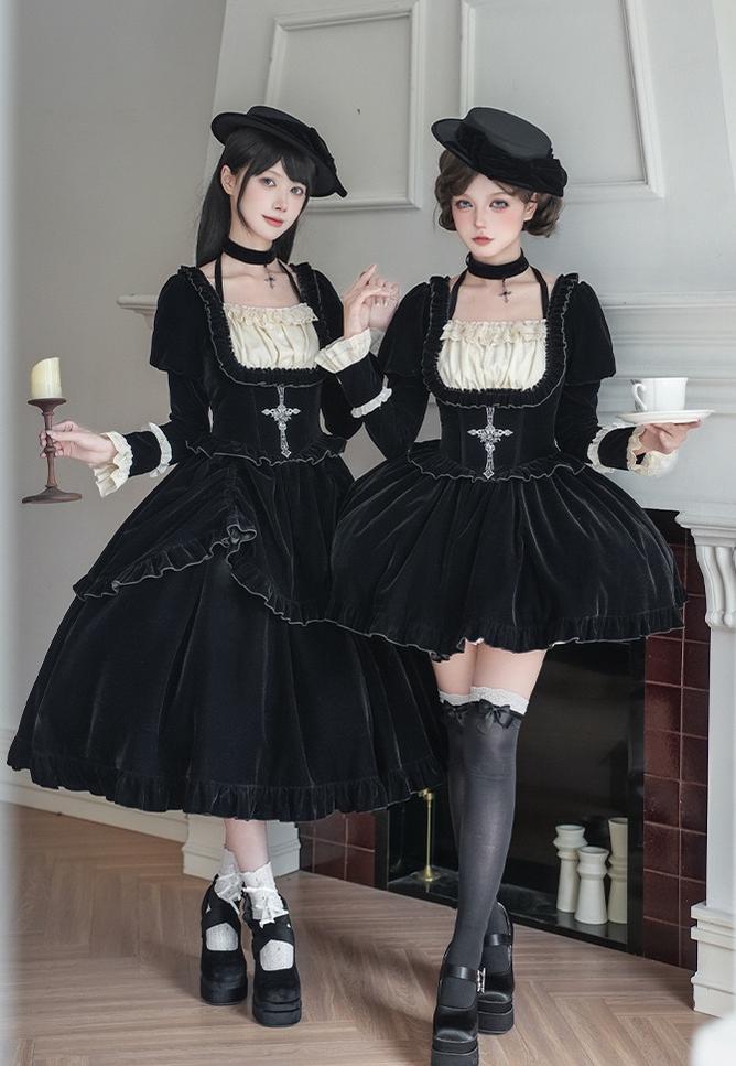 Apocalypse - Gothic Lolita Velvet OP Dress Set, Fishbone Waist - image 2