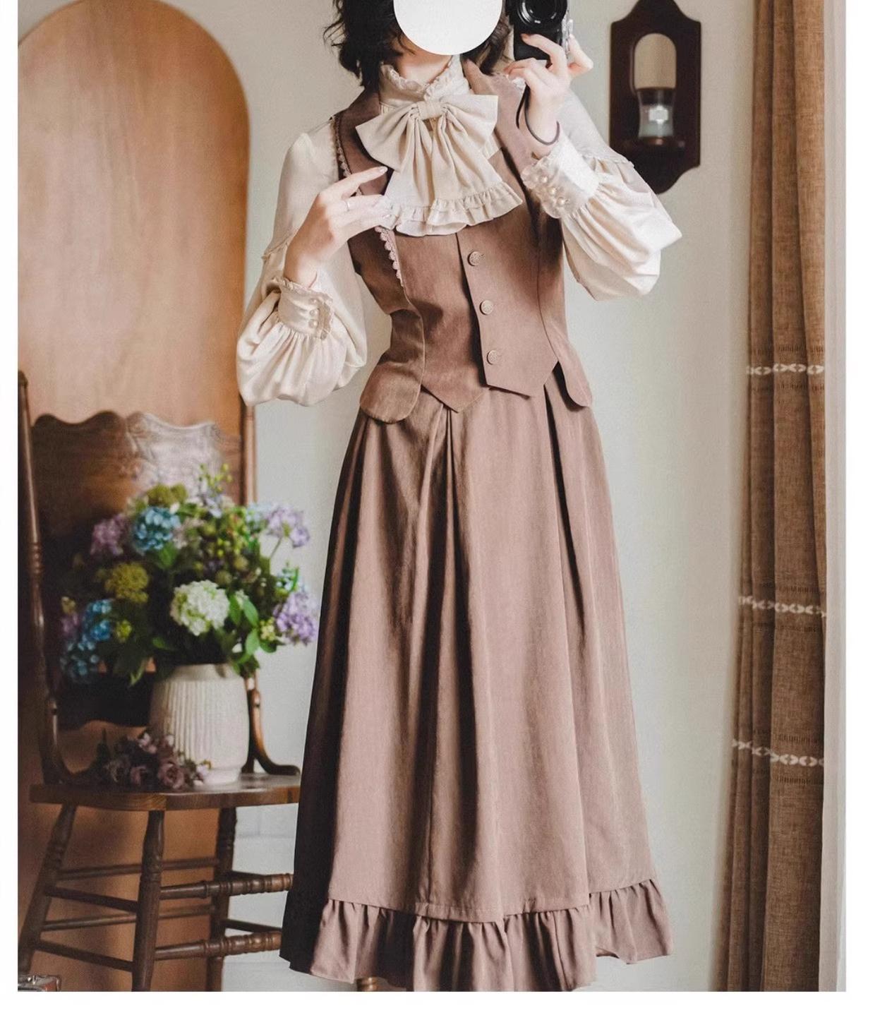Classic Lolita A-Line Skirt, Button-Front Vest and White Blouse - image 17
