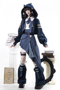 Indigo Shadow Journey - Stand Collar Long Sleeves Embroidered Hooded Asymmetric Punk Ouji Lolita Dress Four-Piece Set - image 1