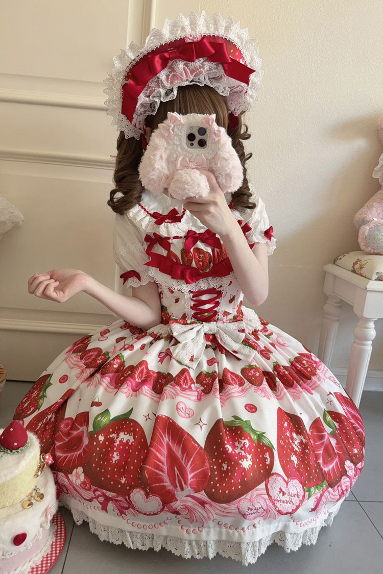 Sweet Berry Tale Strawberry Print Ruffle Bowknot Lace Sweet Lolita JSK Dress - image 13