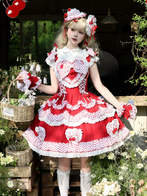 Crimson Cherry Polka-Dot Lace JSK with White Trim - Rosede Cheese - image 6