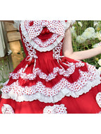 Crimson Cherry Polka-Dot Lace JSK with White Trim - Rosede Cheese - image 4