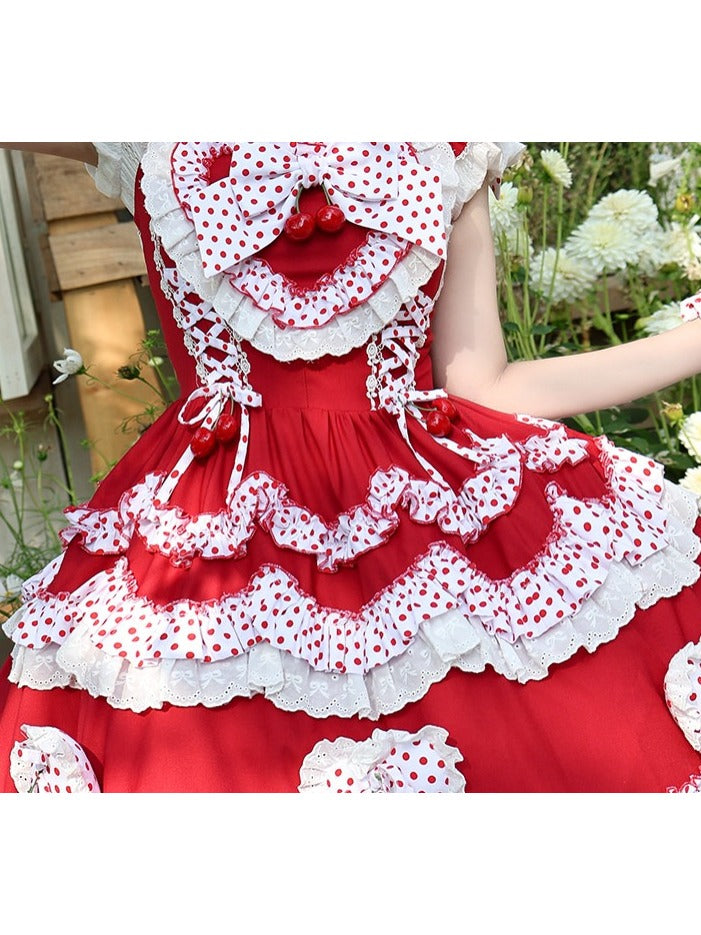 Crimson Cherry Polka-Dot Lace JSK with White Trim - Rosede Cheese - image 4