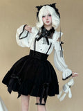 Gothic Monochrome Cutout Shoulder Top with Lace and Bow Embellishments - AMAHAKAWA - image 1