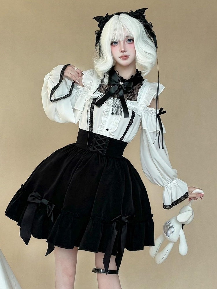 Gothic Monochrome Cutout Shoulder Top with Lace and Bow Embellishments - AMAHAKAWA - image 1