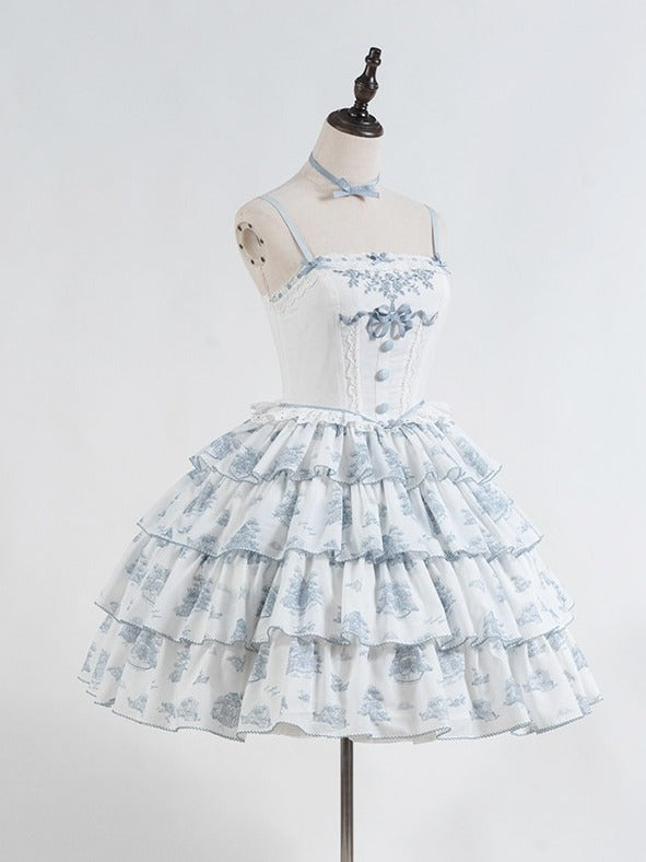 Blue and White Floral Print Lolita JSK with Bow Details - image 1