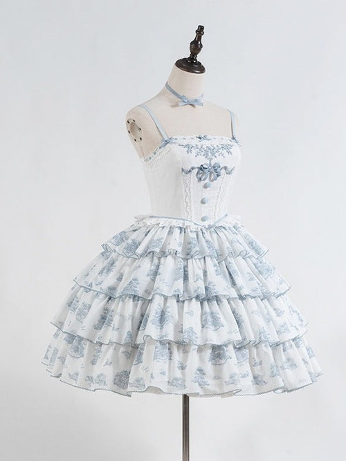 Blue and White Floral Print Lolita JSK with Bow Details - image 1