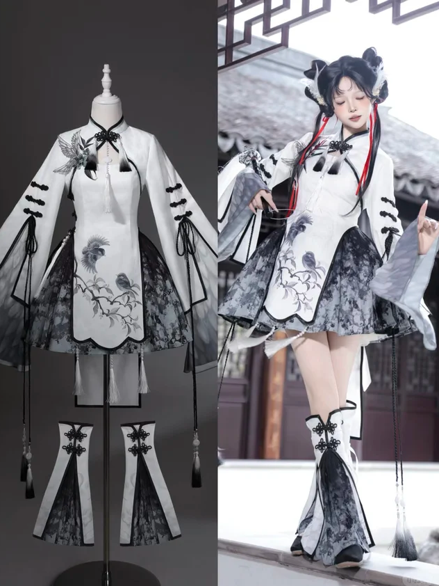 Hanfu-Inspired Plum Blossom Crop Top, Dress, Skirt and Leg Warmers Set - Han Ru Chu - image 5