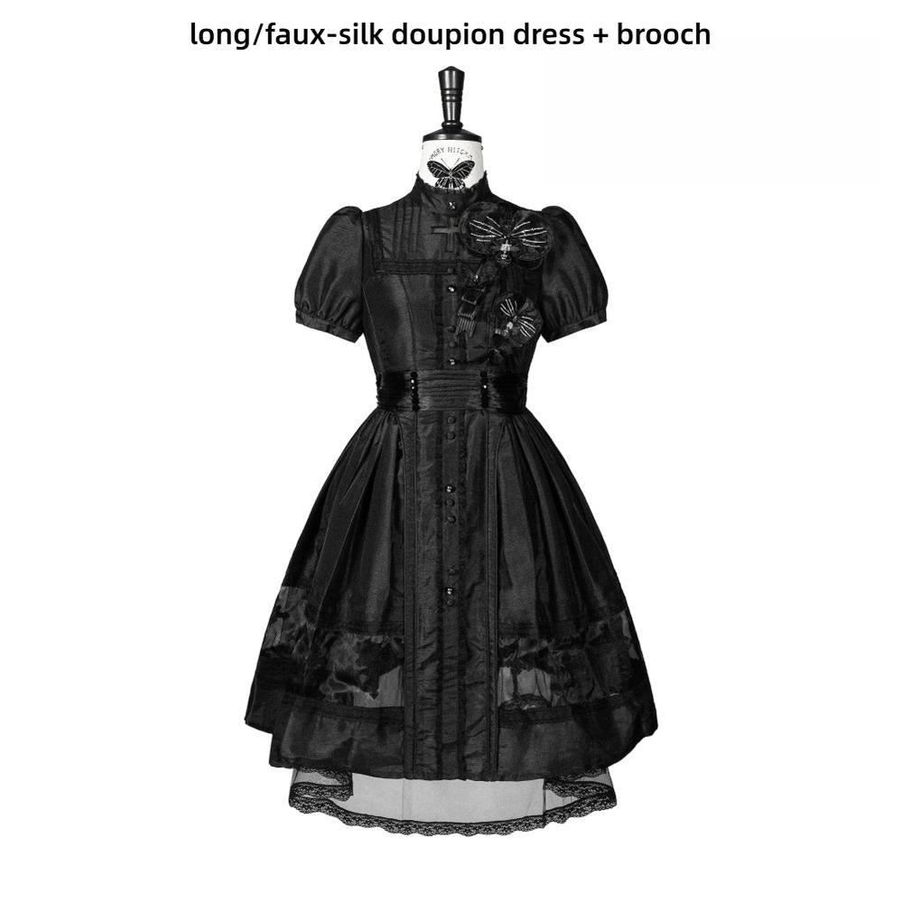 Ghost Orchid - Gothic Lolita OP Dress, Embroidered Cross | Loliroom Black/Faux - Silk Doupion
