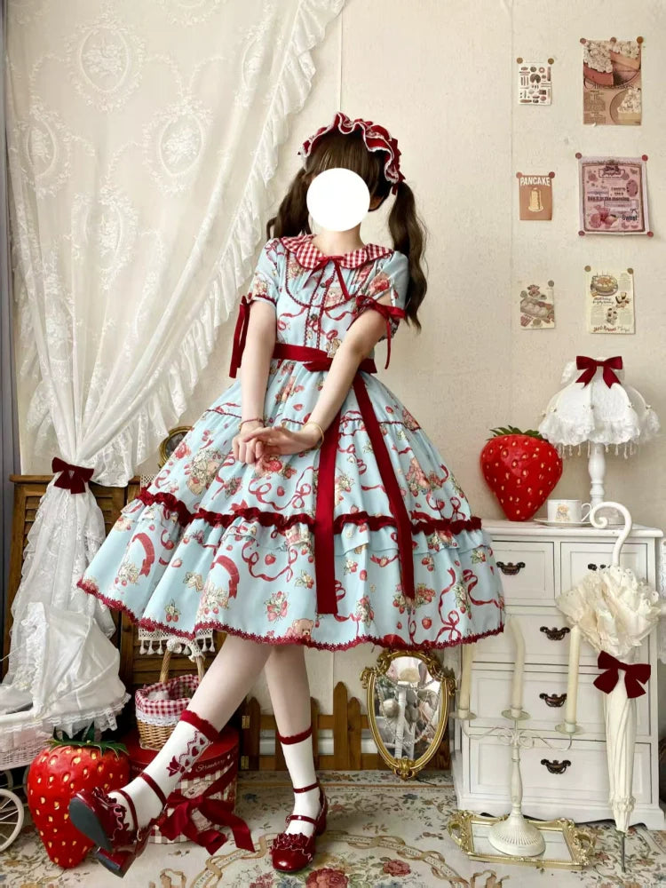 The Bear's Strawberry Field - Daily Lolita OP Dress With Petal Collar & Bear Strawberry Print and Accessories - image 6