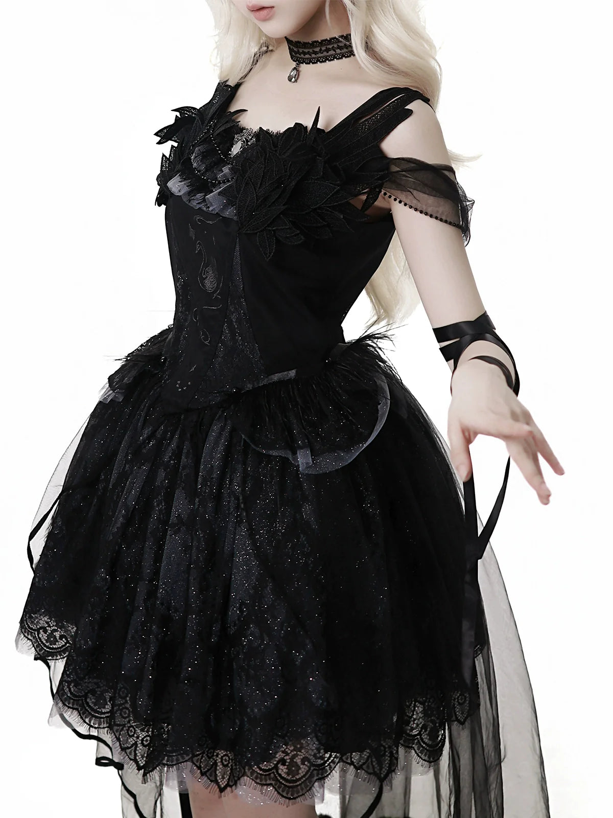 Star Swan Dream - Black Gothic Lolita JSK Dress, Swan Embroidery - image 19