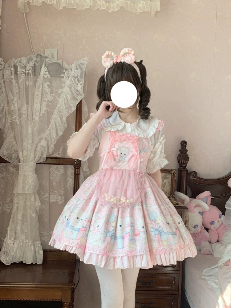Meow Pompom - Sweet Lolita Salopette Dress Suit, Cat Print - image 7