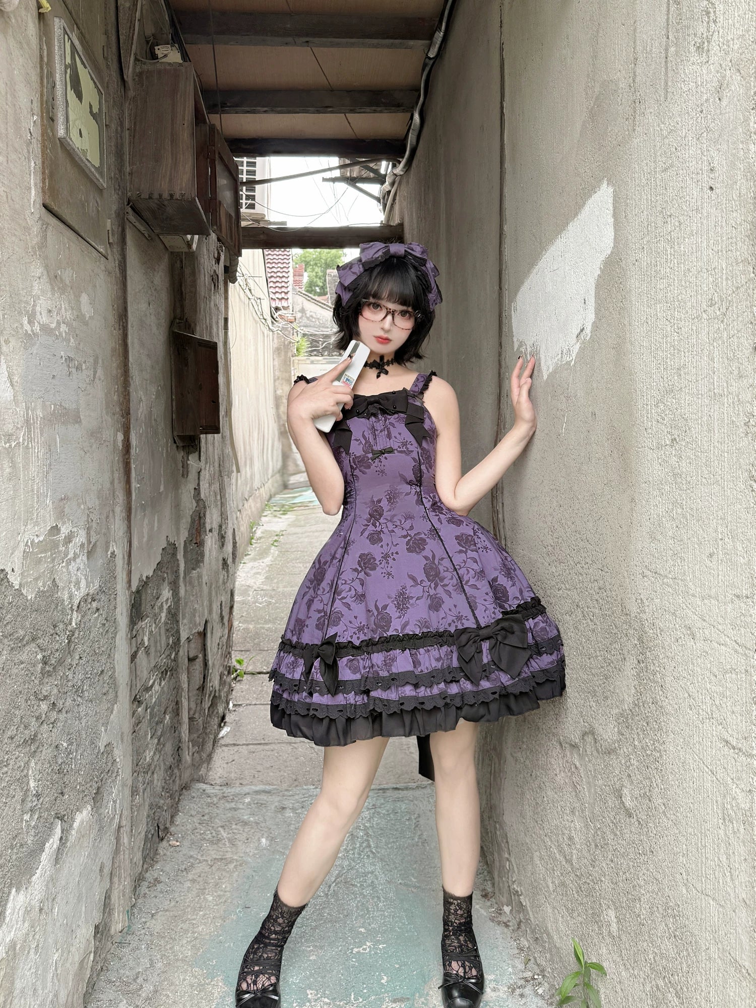 Bliss Bouquet - Cotton Old School Lolita Dress, Rose Print and Layered Hem and Accessories - image 9
