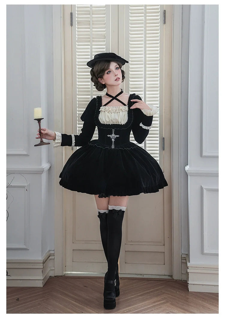 Apocalypse - Gothic Lolita Velvet OP Dress Set, Fishbone Waist - image 18
