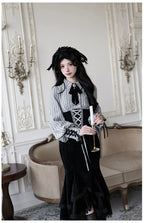 Dusk Moment - Classic Lolita Striped OP & Mermaid Dress Set, Fishbone Waist - image 20