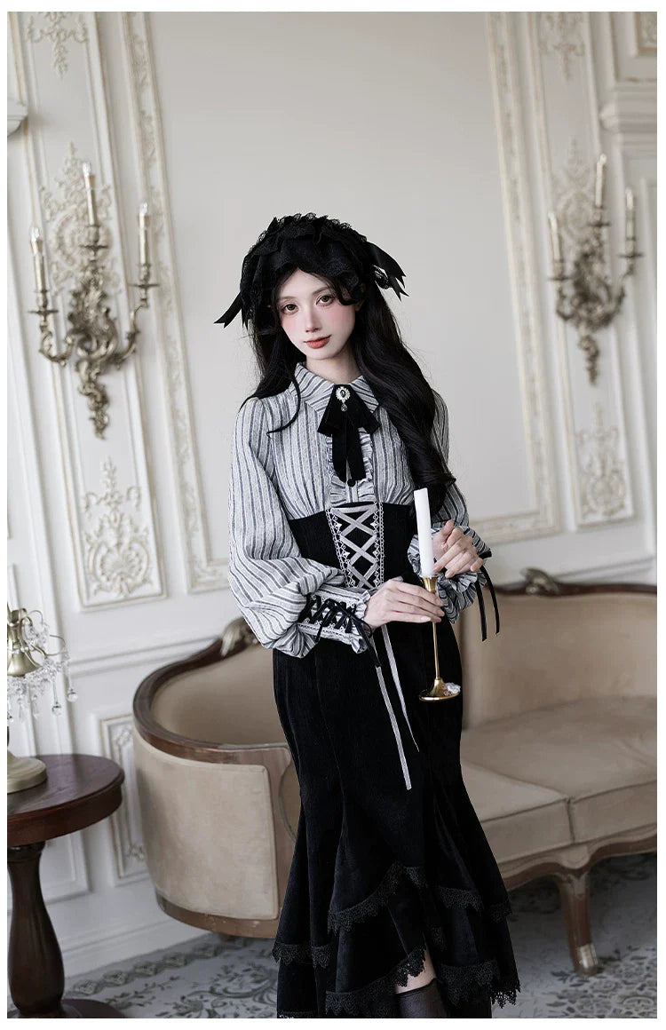 Dusk Moment - Classic Lolita Striped OP & Mermaid Dress Set, Fishbone Waist - image 20