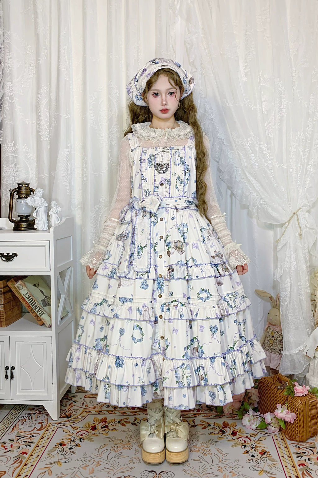 Meow Wreath - Classic Lolita Button Closure JSK Dress, Cat and Wreath Print - image 15
