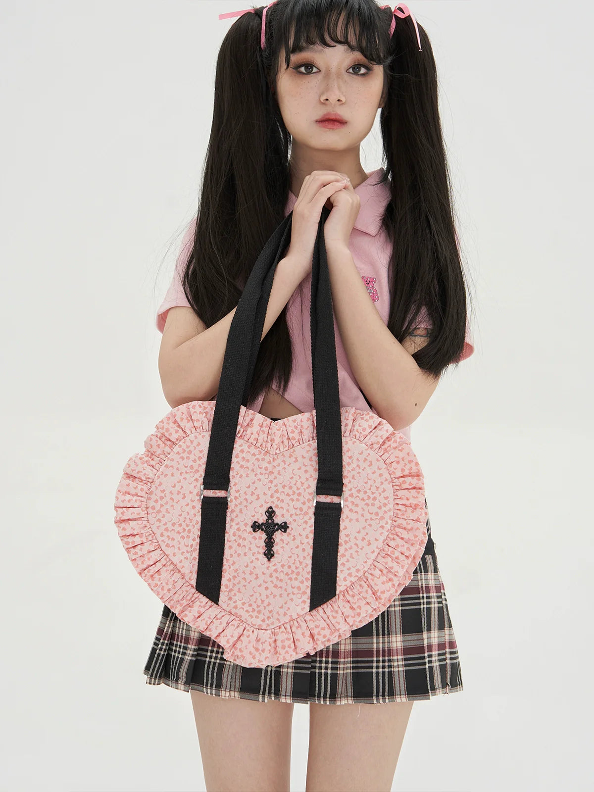 Vintage Lolita Heart Shaped Plaid Dot Print JK Uniform Bag - image 10