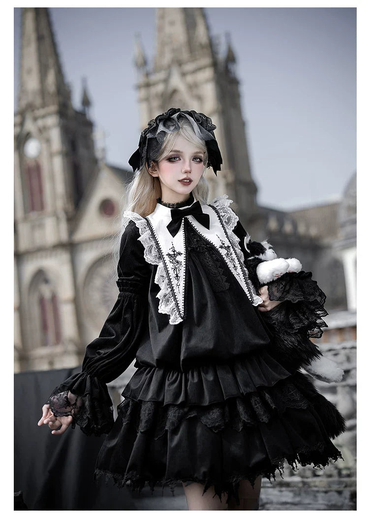Dawn Bell & Dusk Song - Gothic Lolita Velvet OP Dress, Back Zipper and Accessories - image 13