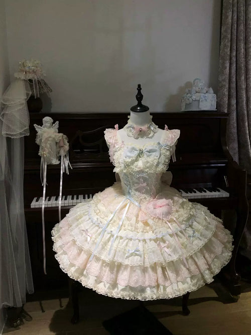 Cloud Whale Dream - Sweet Lolita Corset JSK Dress, Tiered Hem & Bows - image 1